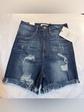 Aphrodite Dark Blue Distressed Denim Shorts with Frayed Hem
